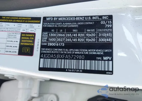 2015 Mercedes-Benz Ml 350 z USA, uszkodzony, nr VIN 4JGDA5JBXFA572980